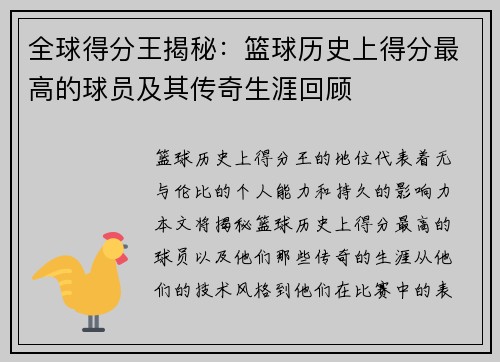 全球得分王揭秘：篮球历史上得分最高的球员及其传奇生涯回顾